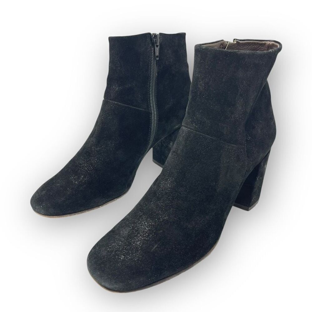 Coclico Black Sparkle Suede Zippered Ankle Boots Block Heel Size 38 EUR 7.5 US